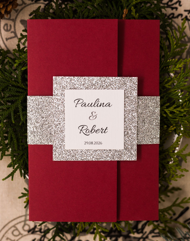 Zaproszenia ślubne folderowe - bordowa okładka ze srebrną brokatową opaską